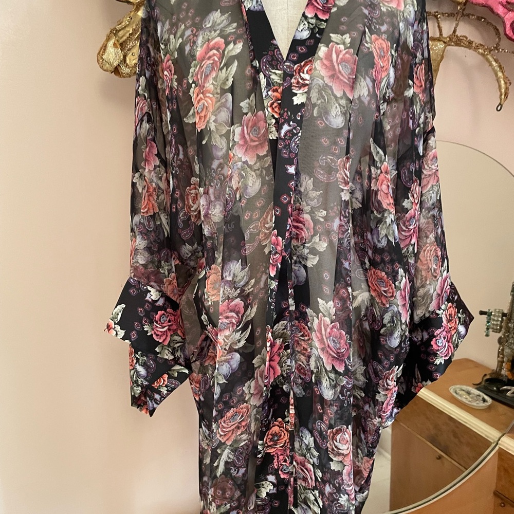 Victoria's Secret Black and Pink Floral Sheer Robe